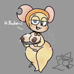 1:1 anthro areola artzkeith big_breasts bitsy_(legends_of_avantris) black_nose blue_eyes bottom_heavy breasts brown_areola brown_nipples buckteeth dialogue eyelashes female front_view fur genitals grey_background hi_res legends_of_avantris mammal mouse murid murine nipples nude rodent simple_background solo tan_body tan_fur teeth text thick_thighs vulva wide_hips