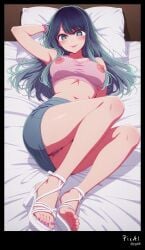 4k 8k adult ai_generated anime at bangs beautiful black blue body breasts clothes comfortably content crop detailed explicit expressive eyes face feet female five_toes full gradient green hair happy high home kurokawa_akane large legs long lying makeup manicures masterpiece mature medium mini multicolored nails navel nipples nsfw oshi_no_ko pedicures pencil plaid quality resolution sandals screencap sexy shape skin skirt tense thighs tight toe toes top very view woman