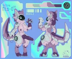 animal_genitalia animal_penis anthro balls bodily_fluids breasts canine_genitalia canine_penis flightov genital_fluids genitals gynomorph hi_res intersex knot knotted_penis latex latex_body liquid_latex machine mis-0_(character) penis precum precum_string protogen protogen_armor purple_body purple_latex solo