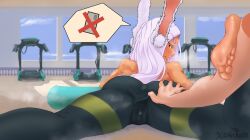 animal_ears animal_humanoid arrax ass big_butt bottomwear butt_grab camel_toe clothed clothing dark_body dark_skin disembodied_hand eyelashes feet female fur genitals green_bottomwear green_clothing green_pants gym hair hand_on_butt humanoid inner_ear_fluff lagomorph lagomorph_humanoid leporid_humanoid long_hair looking_at_viewer looking_back looking_back_at_viewer lying mammal mammal_humanoid miruko my_hero_academia on_front open_mouth pants rabbit_humanoid rear_view red_eyes rumi_usagiyama solo speech_bubble spread_vulva spreading tan_body tan_skin thick_thighs topless tuft vulva white_body white_fur white_hair wide_hips