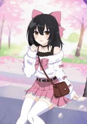 1boy bare_shoulders black_hair cherry_blossoms choker crossdressing eyeshadow femboy hair_ribbon heroofthehearts hi_res izuru_(heroofthehearts) lipstick looking_at_viewer male non-nude original_character otokonoko park pink_skirt safe_for_work sitting solo spleeny sweater trap white_thighhighs