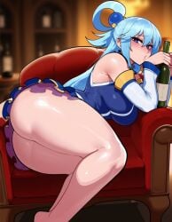 ai_assisted ai_generated aqua_(konosuba) ass bare_shoulders blue_eyes blue_hair blue_shirt blue_skirt blurry blurry_background blush bottle breasts chair couch detached_sleeves drunk female hair_between_eyes hair_ornament hair_rings holding holding_bottle indoors large_breasts legs long_hair looking_at_viewer no_panties shirt skirt solo thick_thighs thighs wine_bottle