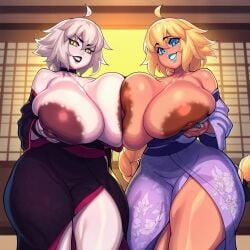 2d 2girls ahoge ai_generated alternate_breast_size areola areolae ass asymmetrical_docking big_ass big_breasts big_butt big_thighs black_choker black_kimono black_lips blonde_hair blue_eyes blue_lips braid braided_ponytail breast_lift breast_press breasts choker curvy dark_areolae dark_nipples eyeshadow fate/grand_order fate_(series) foxes_inn gigantic_breasts grey_hair huge_areolae huge_breasts japanese_clothes jeanne_alter jeanne_d'arc_(fate) kimono large_areolae large_ass large_breasts large_butt large_nipples large_thighs lipstick long_braid long_hair looking_at_viewer makeup massive_breasts multiple_girls nipples off_shoulder open_kimono pale_skin puffy_nipples purple_kimono short_hair single_braid smile symmetrical_docking thick_ass thick_butt thick_thighs thighs very_long_hair white_hair yellow_eyes yukata