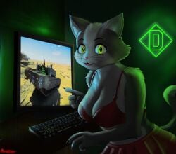 arietter44 big_breasts big_eyes bottomwear bra breasts clothing d_point domestic_cat felid feline felis female fur gaijin_entertainment gaming grey_body led_light light_body light_fur mammal nails night playing_videogame skirt solo underwear war_thunder white_body white_fur