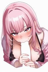 1boy :>= absurdres blank_censor blunt_bangs blush breasts censored fellatio female fur-trimmed_jacket fur_trim glansjob helldeer highres hololive hololive_english jacket large_breasts long_hair looking_at_viewer mori_calliope oral penis penis_grab pink_eyes pink_hair pink_jacket sidelocks simple_background solo_focus straight upper_body virtual_youtuber white_background