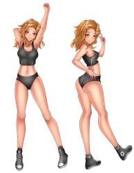 ass ass_cheeks blonde_hair brown_eyes cleavage converse cropped_tank_top gym_clothes gym_clothing peace_sign peka_35 shorts smile smiling stef_(peka_35) stretching tank_top thigh_gap