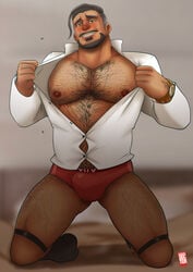 1boy balls_in_underwear bara beard bed big_pecs blush blushing body_hair bulge chairman_rose chest_hair clothed dark_skin dilf doctor_anfelo erect_nipples facial_hair gay green_eyes grey_hair grey_socks hairy hairy_arms hairy_chest hairy_male hairy_thighs human kneeling kneeling_on_bed looking_at_viewer male male_chest male_focus male_nipples male_only man_boobs manboobs mature mature_male moobs muscle muscles muscular muscular_male nintendo on_bed open_shirt pecs pectorals penis_in_underwear pokemon pokemon_ss pose posing presenting pubic_hair red_underwear rose socks solo solo_focus solo_male suggestive teeth teeth_showing text thick_thighs topwear underwear undressing watermark white_shirt wristwatch wristwear