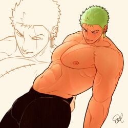 moonmuzzle one_piece larger_male roronoa_zoro zoro_(one_piece) zoro bara barazoku bara_tits bara_tiddies 1boy male male_only male_focus manly masculine_male gay yaoi solo solo_focus solo_male muscular muscular_male muscles hunk beefy tough_guy bigger_male broad_shoulders scars scar_on_face scar scar_across_eye scar_on_chest japanese_male pirate post-timeskip handsome_man half-dressed pants_only bulge bulge_under_clothes big_bulge penis_bulge green_hair earrings smile looking_at_viewer tongue_out