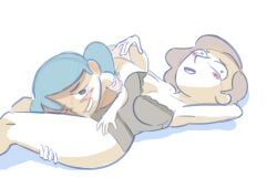 2girls big_ass big_breasts black_eyes blue_hair brown_hair digital_art hilda_(hilda) hilda_(series) johanna_(hilda) lingerie long_hair mother_and_daughter netflix older_female_and_younger_female request unknown_artist