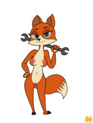 2019 absurd_res anthro arctic_dogs breasts canid canine canis digital_media_(artwork) female fox fur green_eyes grin hi_res jade_(arctic_dogs) looking_at_viewer mammal missmagnificence navel nipples nude orange_body orange_fur pinup pose pussy smile solo standing tagme tools toony wrench