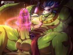 anthro balls barazoku big_muscles big_penis bna_v5 bodily_fluids bone bone_mask bottomwear bottomwear_aside clothing clothing_aside cum erection genital_fluids genitals glans hi_res humanoid_genitalia humanoid_penis laboratory_equipment laboratory_glassware lihzahrd lizard loincloth loincloth_aside magic magic_circle male mask muscular muscular_anthro muscular_male occult_symbol penis pentagram reptile scalie scientific_instrument skull skull_mask solo symbol terraria test_tube witch_doctor_(terraria)