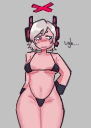 1girls bikini black_bikini blocky_body blue_eyes blush dr._xenon english_text female female_only gloves hambu_5 headset heterochromia looking_away medium_breasts pink_eyes pink_skin roblox roblox_game robloxian short_hair silver_hair solo standing text thighs tower_defense_x