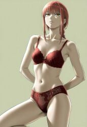 1girls ai_generated bra chainsaw_man female female_only hands_behind_back makima_(chainsaw_man) panties pinup red_bra red_hair red_panties red_underwear solo underwear zloimakak