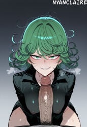 1boy 1girl ai_generated alternate_breast_size black_dress blush breasts clothing collarbone collared_dress covered_nipples curly_hair dress erection female flipped_hair gradient_background green_eyes green_hair grin hetero imminent_fellatio large_breasts large_penis looking_at_viewer male male_pubic_hair medium_breasts nyanclaire one-punch_man penis pov_crotch pubic_hair short_hair smile solo_focus sweat tatsumaki tatsumaki_(one-punch_man) teeth thighs veins veiny_penis