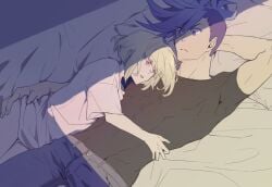 2boys after_anal after_sex androgynous ass_grab bottomless cum femboy galo_thymos gay lion_girl on_bed oversized_shirt promare shirt_only size_difference twink wholesome yaoi