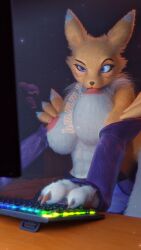 3_fingers 3d_(artwork) 4k 9:16 abs absurd_res anthro areola armwear bandai_namco big_breasts biped blue_eyes breast_play breast_suck breasts bridal_gauntlets canid canine chest_tuft claws clothed clothing detailed digimon digimon_(species) digital_media_(artwork) electronics eyebrows eyelashes female female_anthro fingers fox fur furniture hi_res keyboard mammal meme monitor mrs_dexie navel neck_tuft nipples particles pink_areola purple_armwear purple_bridal_gauntlets purple_clothing purple_shirt purple_topwear raised_eyebrow realistic_fur renamon self_suckle shirt solo sucking sucking_breasts_meme table titty_sucking_method topless topless_anthro topless_female topwear tuft white_body white_fur wide_hips yellow_body yellow_fur