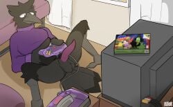 absurd_res anthro avian ball_tuft balls beak bird bottomless clothed clothing controller corvid corvus_(genus) crow feathers genitals hi_res lying male nintendo nintendo_64 nokesh on_back oscine partially_clothed passerine penis sodacaps solo sweater tail tail_feathers tapering_penis topwear tuft turtleneck winged_arms wings