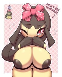 accessory angry anthro areola big_breasts blush bodily_fluids bow_accessory bow_only bow_ribbon breasts chibi cleavage clothed clothing covering covering_face covering_mouth covering_own_mouth covering_self dark_areola dark_nipples english_text female generation_3_pokemon genitals hair_accessory hair_ribbon hairbow hi_res huge_breasts humanoid mawile nintendo nipples nude one_eye_closed plump_labia pokemon pokemon_(species) pouting r-mk red_eyes ribbons short_female short_stack shortstack simple_background solo tears tears_of_sadness text thick_thighs vulva wide_hips
