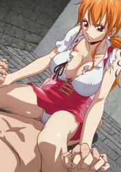 1boy anna_miller big_breasts breasts busty clothed_female_nude_male cowgirl_position female female_on_top hand_holding hourglass_figure kyabakurabakufu large_breasts long_hair male nami nude one_piece orange_hair red_hair tagme whole_cake_island wide_hips