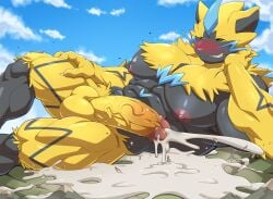 aircraft airplane balls black_body blush bodily_fluids city closed_eyes cum cum_on_ground destruction erection excessive_cum excessive_genital_fluids felid fur generation_7_pokemon genital_fluids genitals giga hi_res humanoid_genitalia humanoid_penis legendary_pokemon lying macro maldu male mammal muscular muscular_male nintendo nipples orgasm penis pokemon pokemon_(species) smoke solo vehicle vein veiny_penis whiskers yellow_body yellow_fur zeraora