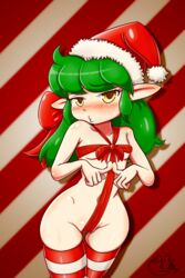 2019 blush bow_tie breasts cameltoe christmas clothed clothing elf female glistening glistening_body glistening_skin green_hair hair hat headgear headwear hi_res holidays humanoid humanoid_pointy_ears legwear long_hair partially_visible_vulva poethewondercat portrait puckered_lips skimpy small_breasts solo thigh_highs three-quarter_portrait yellow_eyes