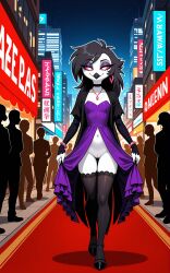 1girls 2026 ai_generated anthro avian beak black_feathers black_hair bracelet choker city crowd digitigrade dress dress_lift eyeliner eyeshadow fancy_clothing female female_only flat_chest half-closed_eyes helluva_boss hi_res high_heels innie_pussy long_hair necklace night no_panties octavia_(helluva_boss) pink_sclera pussy red_carpet smile smug thighhighs walking white_body white_eyes zonoya_(artist)