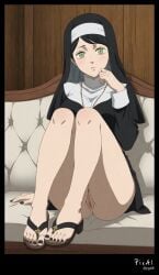 4k 8k ai_generated beautiful bent black_clover body, content couch, detailed, explicit eyes, face, feet, her high knees, legs, long manicures, masterpiece, nail nsfw, nun nun_outfit on pedicures, polish quality, resolution, sandals, shape, sister_lily skin, sleeves, thighs, toenails, very