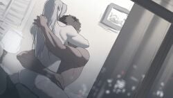 ass athletic athletic_female athletic_male back_view barely_clothed bed bedroom female hugging jayvang36322 larger_male long_hair luye_(the_legend_of_hei) male mirror mirror_reflection muscular muscular_male no_bra older_female panties panties_only shirtless short_hair shorter_female smaller_female suggestive suggestive_gesture suggestive_pose taller_male the_legend_of_hei younger_male