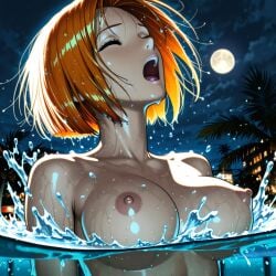 1:1_aspect_ratio ai ai-created ai_art ai_assisted ai_generated areolae arms_at_sides bangs blonde_hair blue_mary bouncing_breasts breasts building casual_nudity city_lights clavicle closed_eyes cloud completely_nude dock dripping eyelashes fatal_fury female full_moon gasping hair_lift king_of_fighters large_breasts lips looking_up moon navel night night_sky nipples nude open_mouth outdoor_nudity outdoors palm_tree partially_submerged partially_underwater_shot public_indecency refraction shiny shiny_skin short_hair sidelighting sky snk solo splashing teeth tongue tree upper_body upper_teeth upper_teeth_only water water_drop water_droplets wet wet_body wet_hair