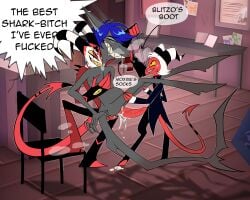 5:4 andromorph anthro blitzo_(helluva_boss) blush bodily_fluids clothing cum cum_inside dirty_talk english_text feet fish foot_fetish footwear genital_fluids group hellaverse helluva_boss hi_res imp inflation intersex intersex/male looking_pleasured male marine moxxie_(helluva_boss) musk musk_cloud profanity raiven shark shoe_sniffing shoelaces shoes shoes_removed sniffing sniffing_clothes sock_on_face sock_sniffing socks steel-the-shark_(character) text trio