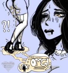 1girls artist_name ass ayeopopink black_hair blue_background breasts cleavage dress female heels omorashi one_eye_closed open_mouth original original_character pee_puddle peeing peeing_self puddle simple_background solo wetting wetting_self