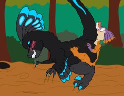 bird_wyvern black_body black_feathers blue_body blue_claws blue_eyeshadow blue_feather_hair blue_feathers blush capcom claws convenient_censorship dinosaur dominant dominant_female dominant_feral dromaeosaurid duo eyeshadow feather_hair feathered_dinosaur feathered_scalie feathers female feral feral_on_bottom feral_on_feral feral_on_top forest forest_background forest_sex frill_(anatomy) grey_body grey_feather_hair grey_feathers hi_res jaggi larger_female log lumina_(therealmessyroomguy1) makeup male male/female monster_hunter nature nature_background orange_body plant prehistoric_species pseudo_hair purple_hands reptile saurischian scalie sharp_teeth shrub sickle_claw size_difference smaller_male story story_in_description submissive submissive_feral submissive_male tan_underbelly teeth therealmessyroomguy1 theropod toe_claws tree wood