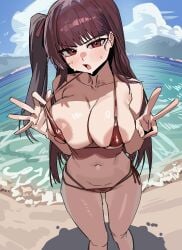 1girls alternate_version_at_source alternate_version_available areola_slip areolae beach big_breasts bikini bikini_bottom bikini_top blush breasts feet_out_of_frame female female_only girls'_frontline girls'_frontline_2:_exilium hair_ribbon large_breasts long_hair looking_at_viewer makiatto_(girls'_frontline_2) navel ocean open_mouth outdoors purple_hair red_eyes ruppu side_ponytail standing sweat sweatdrop v_sign wa2000_(girls'_frontline)