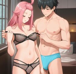 1boy 1boy1girl 1girls ai_generated assisted_undressing bed bedroom black_hair blush bra bra_pull bra_removed breasts closed_eyes couple couple_love cute etra-chan_saw! female fit fit_female happy hourglass_figure hourglass_figured_female imminent_sex kuroki_(etra-chan_saw!) lingerie male male/female medium_breasts muscular muscular_male panties part_of_a_set perfect_body pink_hair smile smiling speedo undressing wholesome youtube yuri_(etra-chan_saw!)