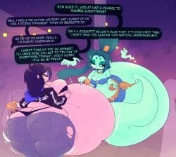 2girls belly_big_as_body belly_bigger_than_head black_and_blue_hair bra clothes_barely_covering fat female_only genie_costume ghost ghost_girl green_hair halloween halloween_2025 halloween_costume jacket massive_belly monobutt mysterydad obese_female overweight panties pants ripped_clothing skeleton_costume stuffing tagme tagme_(character) trophy viola_(mysterydad)