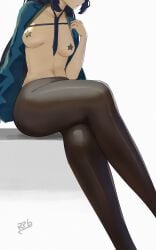 1girls artist_name black_hair breasts clothing hips hoshimi_miyabi legs pantyhose sana!rpg signature simple_background tie zenless_zone_zero