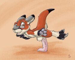 5:4 anthro balancing_on_penis balls balls_above_penis brown_eyes dipstick_ears dipstick_tail ear_markings eyewear feet flinters fur genitals glasses hi_res kangaroo leg_markings macropod male mammal markings marsupial multicolored_ears nude_male orange_body orange_fur penis rufus_black socks_(marking) solo tail tail_markings toeless_(marking) toeless_socks_(marking)