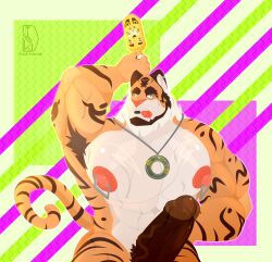 absurd_res anthro armpit_hair betatralk black_penis bodily_fluids body_hair felid fur genitals hi_res male mammal miles(tralk_rymohr) muscular muscular_male nipple_piercing nipples orange_body orange_fur pantherine penis piercing pink_nose solo sweat sweaty_genitalia tiger tongue tongue_out tralk_rymohr