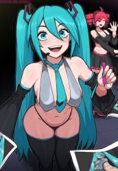 2girls afrobull ahoge aqua_eyes aqua_hair aqua_nails barely_clothed big_smile blue_eyes blue_hair blue_nail_polish blush breasts cleavage covered_nipples detached_sleeves drawing drill_hair hatsune_miku headset hips kasane_teto large_breasts long_hair looking_at_viewer medium_breasts meet_and_greet multiple_girls navel necktie open_mouth overjoyed panties ponytails pov red_hair skimpy_bra skimpy_clothes skirt smile thighhighs tie twin_drills twintails underwear very_long_hair vocaloid waving