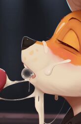 ambiguous_gender anthro black_nose bodily_fluids bubble canid canine closed_eyes cum cum_bubble cum_in_mouth cum_inside cum_on_face cum_string disembodied_penis duo female_(lore) fox fur genital_fluids genitals lucy_(sniffsnorf) male male/ambiguous mammal oral orange_body orange_fur penis side_view sniffsnorf