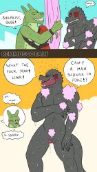 4k 9:16 absurd_res anthro balls caught comic cut_(disambiguation) duo embarrassed english_text epic_games foreskin fortnite genitals glans hi_res hybrid_(fortnite) male male/male muscular nude penis profanity remmus_cobalt scalie shower slim soap tail text thunder_(fortnite)