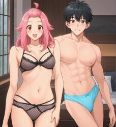 1boy 1boy1girl 1girls :d ai_generated ass_visible_through_thighs bed bedroom black_hair blush bra breasts brown_eyes couple couple_love cute etra-chan_saw! female fit fit_female happy hourglass_figure hourglass_figured_female imminent_sex kuroki_(etra-chan_saw!) lingerie looking_at_viewer male male/female medium_breasts muscular muscular_male panties part_of_a_set pink_hair red_eyes smile smiling smiling_at_viewer speedo teeth teeth_showing wholesome youtube yuri_(etra-chan_saw!)