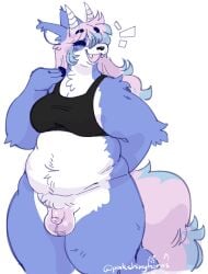2025 anthro arm_tuft balls biped black_bra black_clothing black_nails black_underwear blue_body blue_fur bottomless bra bra_only canid canine chest_tuft closed_eyes clothed clothing colored_nails elbow_tuft emanata eyebrow_through_hair eyebrows flaccid fluffy fluffy_tail fur genitals gynomorph hair happy hi_res horn intersex mammal multicolored_hair nails overweight overweight_anthro overweight_gynomorph overweight_intersex penis pink_hair pinkshinyhorns shoulder_tuft signature small_penis solo tail translucent translucent_hair tuft two_tone_hair underwear underwear_only white_stomach