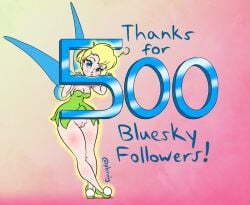 blonde_hair blue_eyes breasts cleavage clothed clothing dress eyelashes fairy female footwear front_view genitals green_clothing green_dress green_footwear green_shoes hair humanoid insect_wings looking_at_viewer navel_outline no_underwear peter_pan plcraig question_mark shoes solo text thick_thighs tinker_bell_(disney) vulva wardrobe_malfunction wide_hips winged_humanoid wings