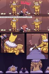 after_care aftercare andre_(cuchuflin) antennae_(anatomy) anthro arm_warmers armwear bedroll biped bodily_fluids clothing collar comic confusion cuchuflin cum cum_from_ass cum_in_ass cum_inside dark_body dark_skin egg english_text fainted generation_1_pokemon genital_fluids genitals gesture group half-erect hand_gesture headpat hi_res human hypno_(pokemon) legwear male male_only mammal musclegut muscular muscular_anthro muscular_male navel neck_tuft nintendo nose_hook penis pointing pointing_at_another pointy_ears pokemon pokemon_(species) prick_ears question_mark sleeping text thigh_highs trio tuft wholesome yellow_body