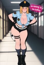 ai_generated annoyed annoyed_expression blonde_hair dead_or_alive dialogue guard leaning_forward school school_hallway scolding security_guard sexy sexy_clothing sexy_female slut tina_armstrong