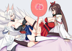 2girls absurdres animal_ears arm_support armpits azur_lane bare_shoulders blush breasts brown_hair cleavage clothed_sex collar collarbone commission couple cross_section eye_contact eye_shadow eyebrows_visible_through_hair eyeshadow female_fertilization fox_ears fox_tail hair_between_eyes hair_ornament hair_ribbon hakama_skirt happy_sex heart heart-shaped_pupils high_resolution highres japanese_clothes jewelry kaga_(azur_lane) kimono kimono_lift kitsune large_breasts leaning_back long_hair looking_at_another makeup multiple_girls multiple_tails no_panties obi open_mouth ovum pussy pussy_juice red_skirt ribbon ring sash shiny shiny_skin simple_background skirt skirt_lift smile symbol-shaped_pupils tail thighhighs tribadism uncensored very_high_resolution wedding_band wedding_ring white_hair wife_and_wife yellow_eyes yuri zedxxx zettai_ryouiki zuikaku_(azur_lane)