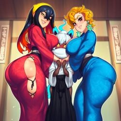 1boy 2d 2girls ai_generated ass big_ass big_breasts big_butt big_thighs bigger_female black_hair blonde_hair blush breasts briar_(pokemon) bubble_butt carmine_(pokemon) colored_inner_hair crossed_bangs dark_skin earrings female foxes_inn girl_sandwich gloves grin hair_between_eyes hairband hakama hakama_skirt hip_vent huge_ass huge_butt japanese_clothes jewelry kimono large_ass large_breasts large_butt large_thighs larger_female long_hair looking_at_viewer male male/female mayo_(foxes_inn) mole mole_under_eye multicolored_hair multiple_girls original pokemon red_eyes red_hair sandwiched short_hair size_difference smaller_male smile taller_female thick_ass thick_butt thick_thighs thighs two-tone_hair white_hair yellow_eyes