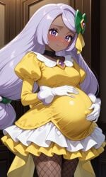 1girls ai_generated black_female black_woman dark-skinned_female jacinthe_(pokemon) maternity_clothes maternity_dress pokegirl pokemon pokemon_legends:_z-a pregnant pregnant_belly pregnant_dark-skinned_female pregnant_female purple_eyes purple_hair yellow_dress yukari_(pokemon)
