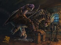 anthro arms_tied bodily_fluids bound breasts cuff_(restraint) cum cum_on_breasts dragon drangir feral gag genital_fluids harness hi_res kobold messy morkep muzzle_(object) mythological_creature mythological_scalie mythology restraints scalie shackles size_difference